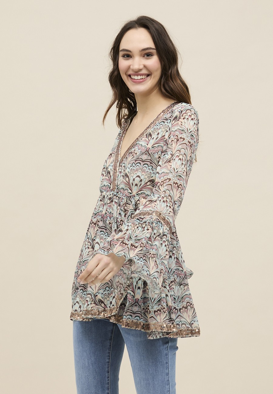 BLUSA DE GASA ESTAMPADA CON...